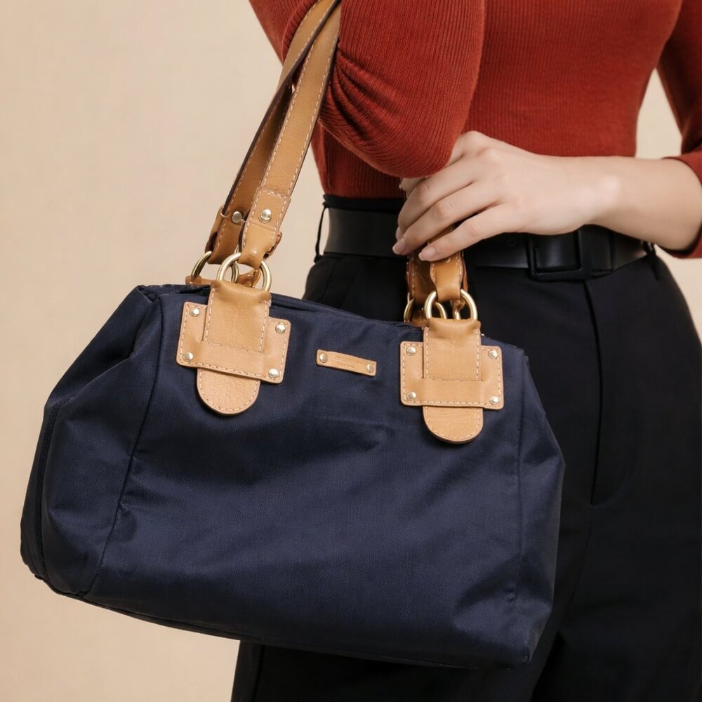 Kate Spade Silky Soft Black Tote Type Handbag with‎ Brown Leather Straps